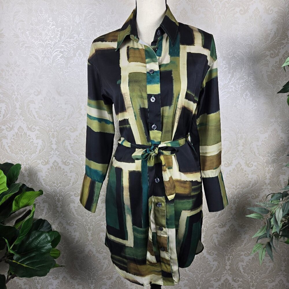 Banana Republic Size XS Shirt Dress Long Sleeves Green Black Cream Pattern NWT